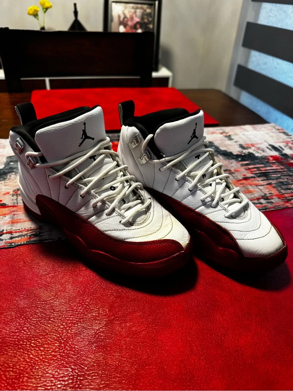 Jordan 12s White and Red High-Top Basketball Sneakers for Big Kids size 4.5